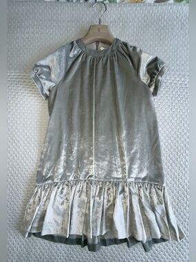 Brunello Cucinelli Girls’ Silver Velvet Ruffle Hem Short Sleeve Dress